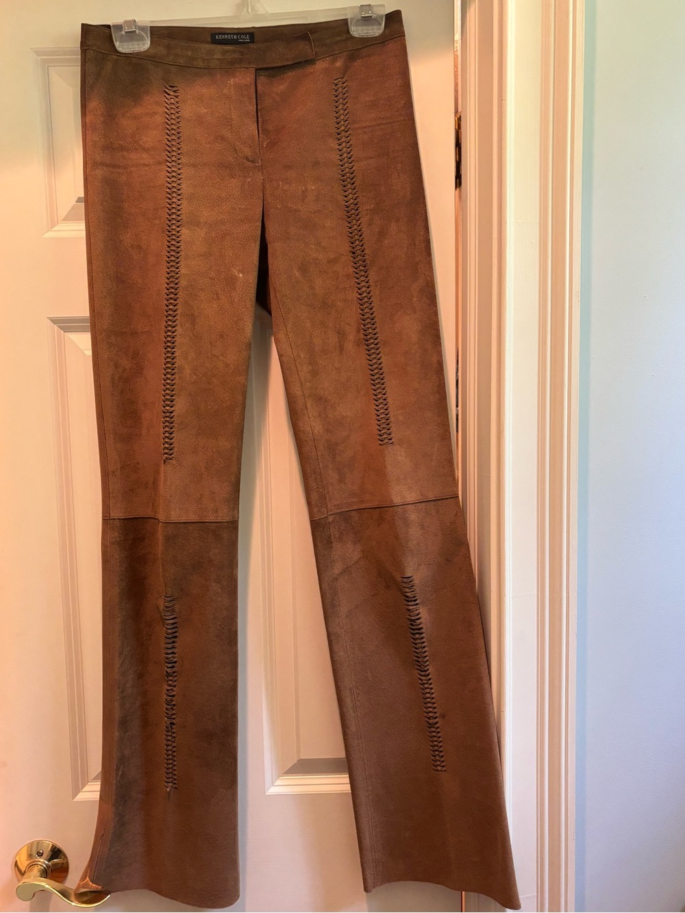 Kenneth Cole Brown Suede Flared Jeans with Braided Trim